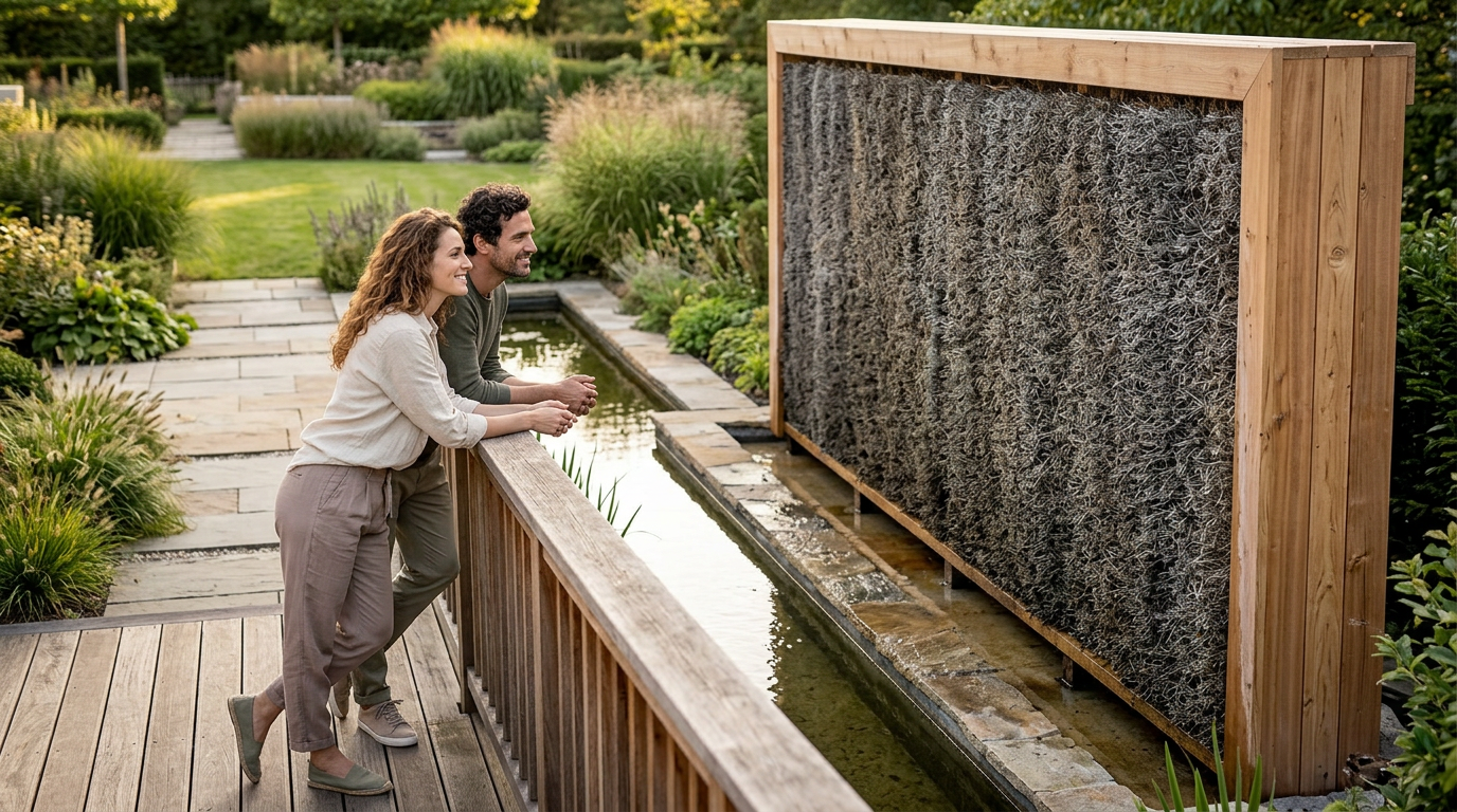 A couple leaning on a garden railing looking at a Salt Wall beside a reflecting pond