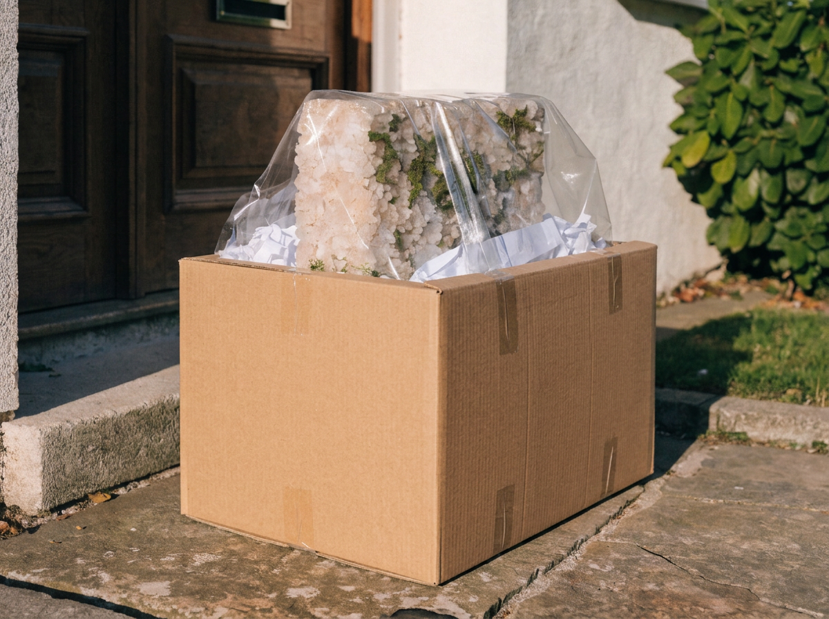 Salt Wall delivered in a cardboard box on a doorstep